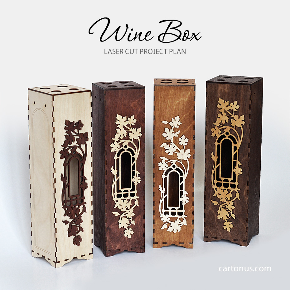 Wooden wine box laser-cut project file by Cartonus, showing four assembled boxes with display windows and decorative grapevine frames.