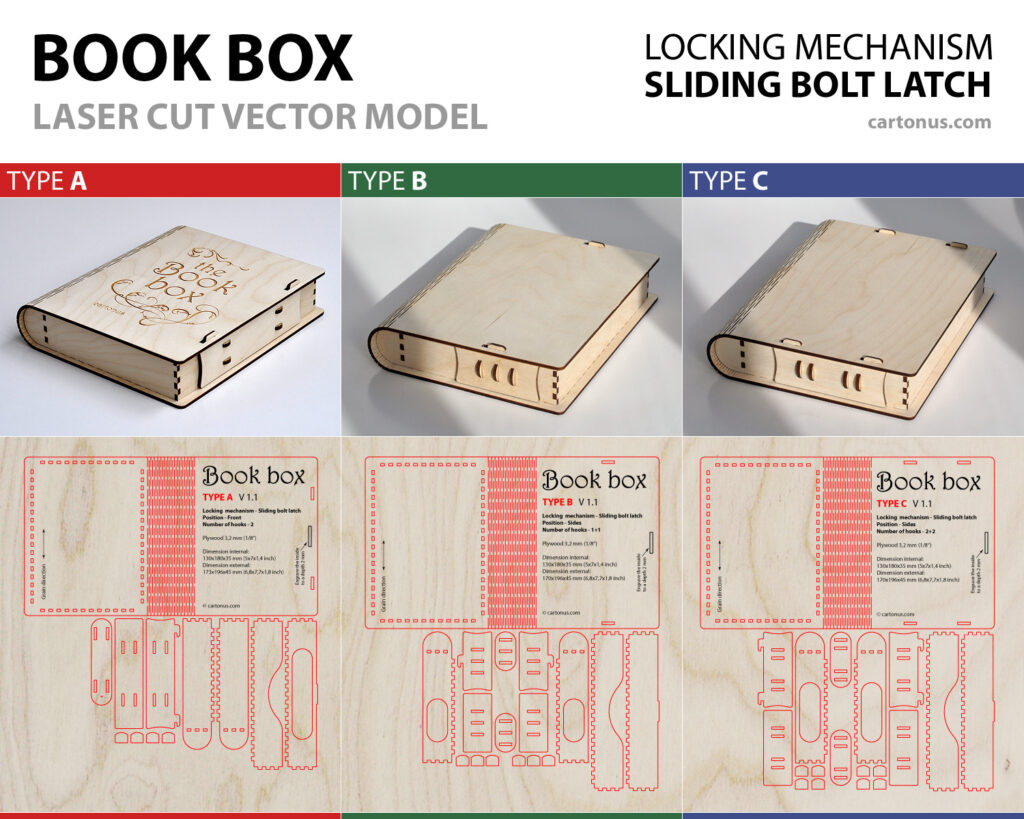 Wooden Book Box with sliding bolt latch