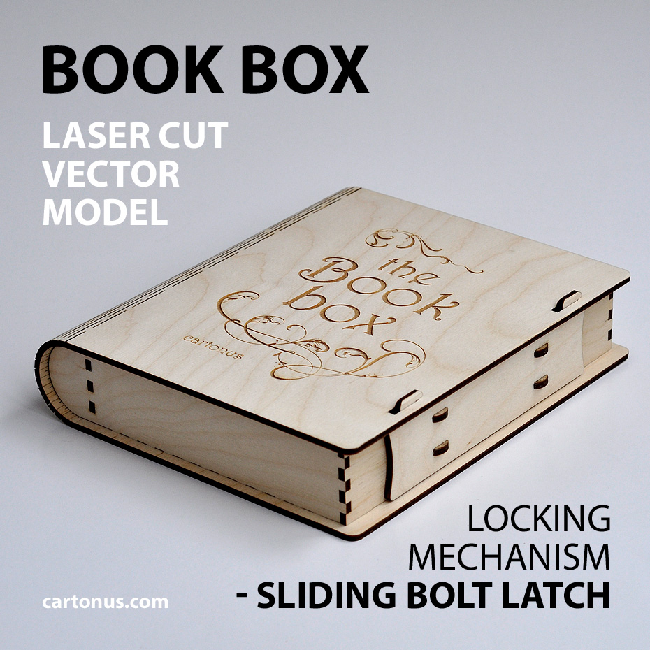 Laser-cut wooden book-shaped box by Cartonus, with a curved spine, an engraved cover, and a sliding bolt latch.
