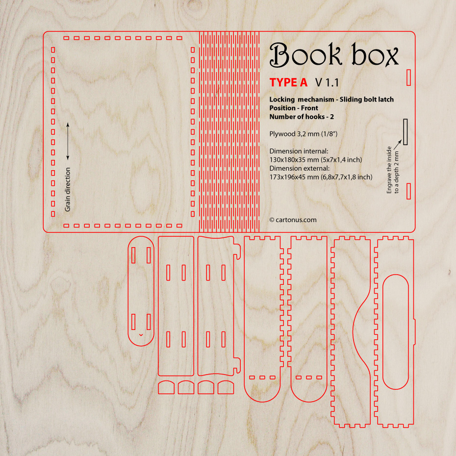 Wooden Book Box with sliding bolt latch. Type A