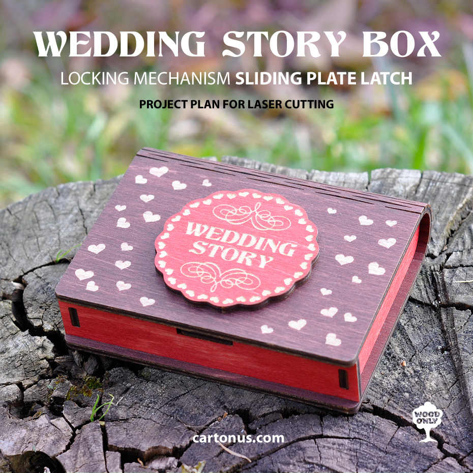 Box with sliding plate latch spring loaded. 
Lasercut vector model / project plan. 
For what: business card holder, cigarette case, jewelry box, pin box, gift box, USB-box, wedding story box