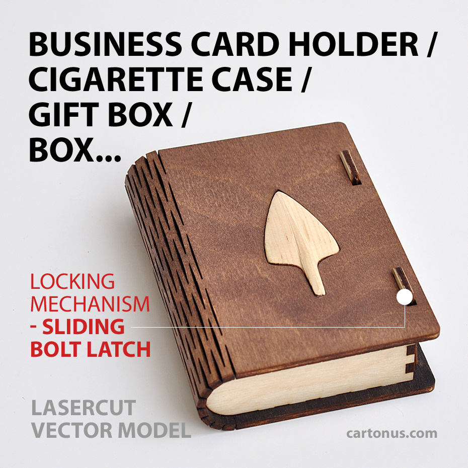 Lasercut vector model suitable for business card holder, playing cards box, cigarette case, jewelry box, gift box, box with locking mechanism – sliding bolt latch (Type S) and sliding bolt latch spring loaded (Type SL). 
Useful thing! 
Box consists only of wooden elements. 