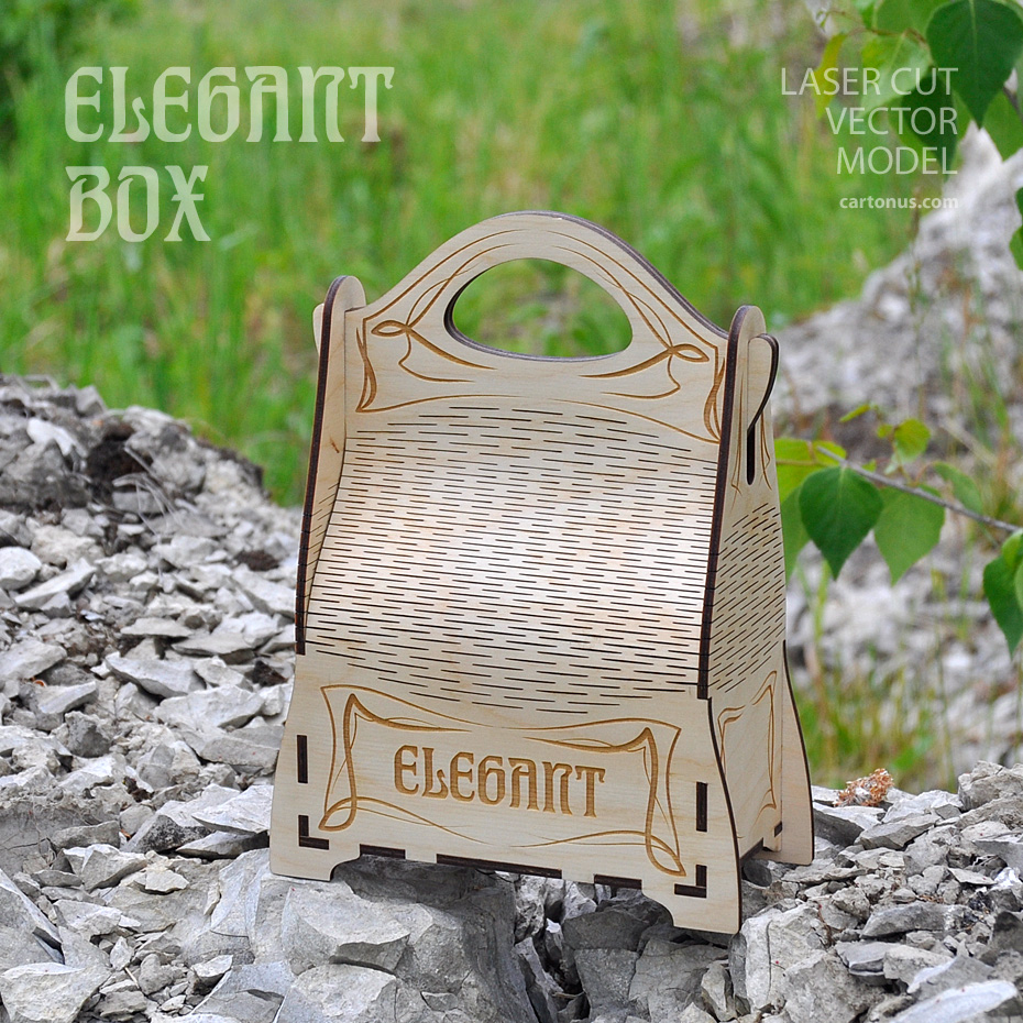 Elegant gift box with handle. 
Ar nouveau style. 
Lasercut vector model / project plan with engraving.