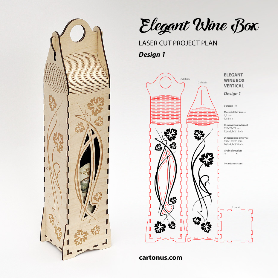 Elegant wine box vertical. Laser cut file. Design #1