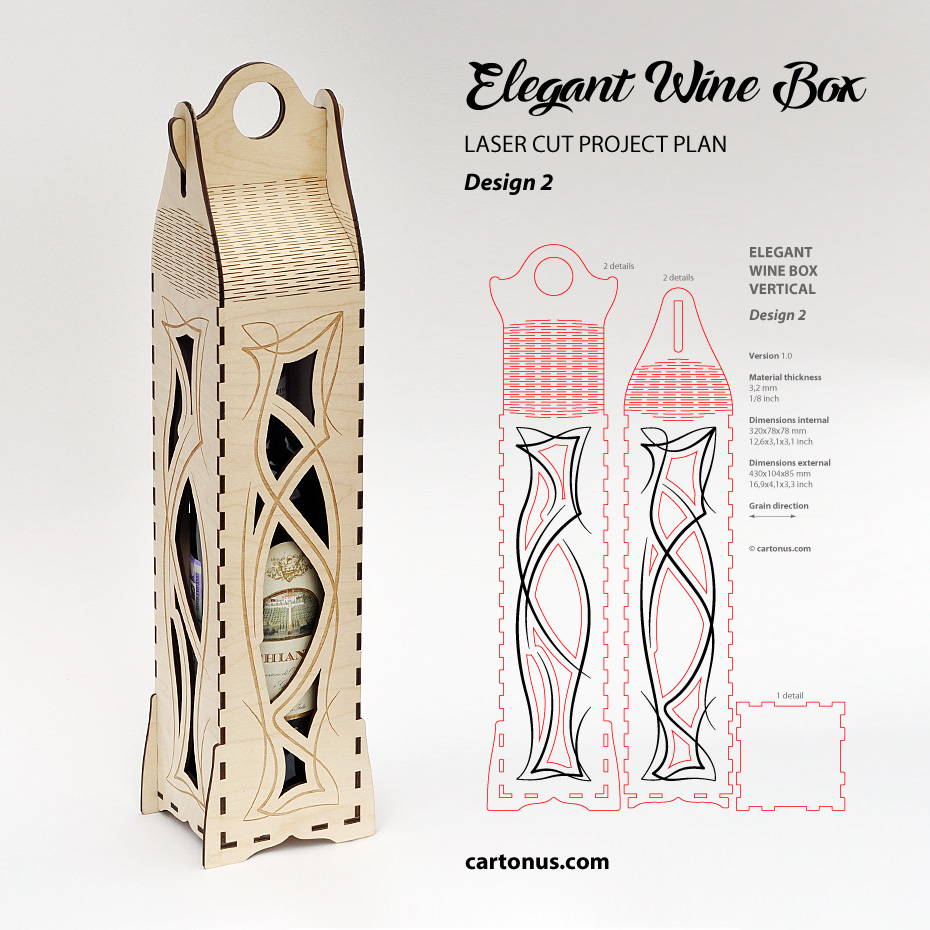 Elegant wine box vertical. Laser cut file. Design #2