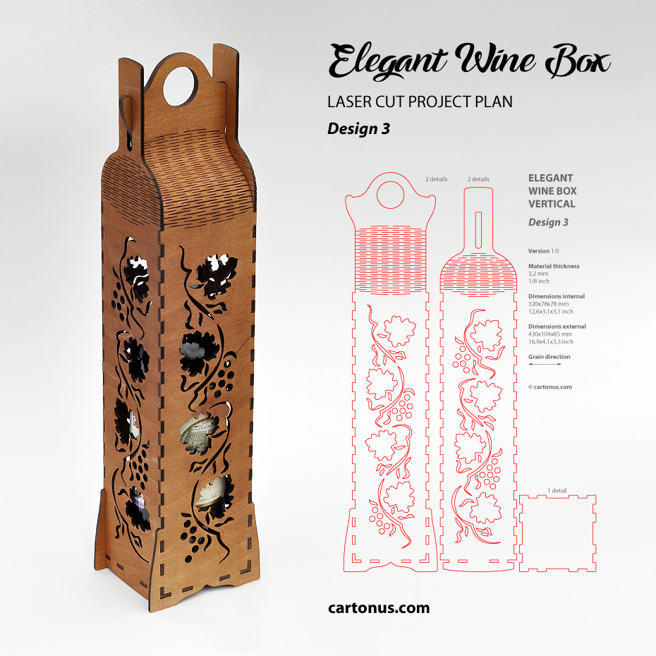 Elegant wine box vertical. Laser cut file. Design #3