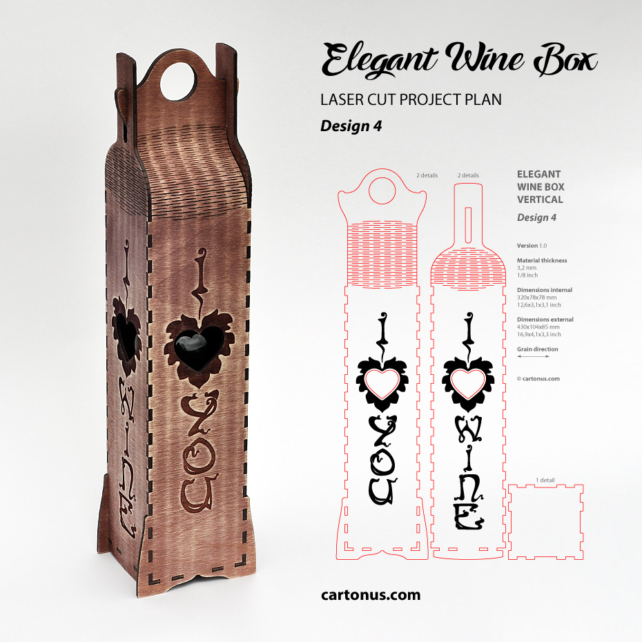 Elegant wine box vertical. Laser cut file. Design #4
