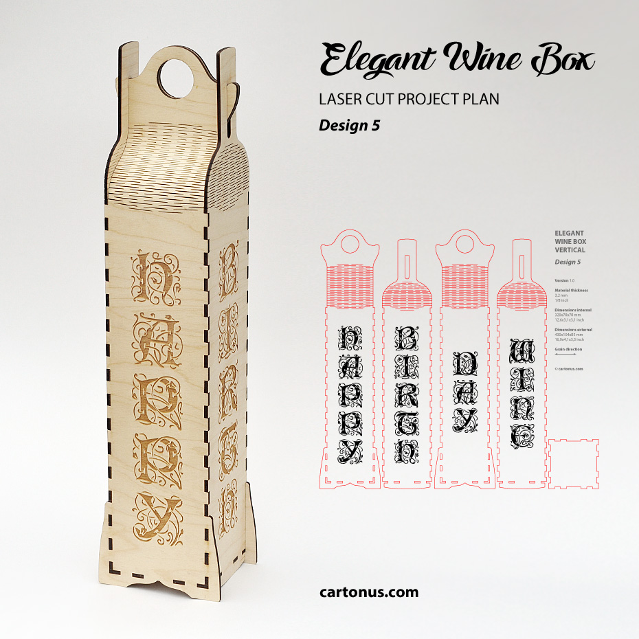 Elegant wine box vertical. Laser cut file. Design #5. Happy bithday, Happy wine