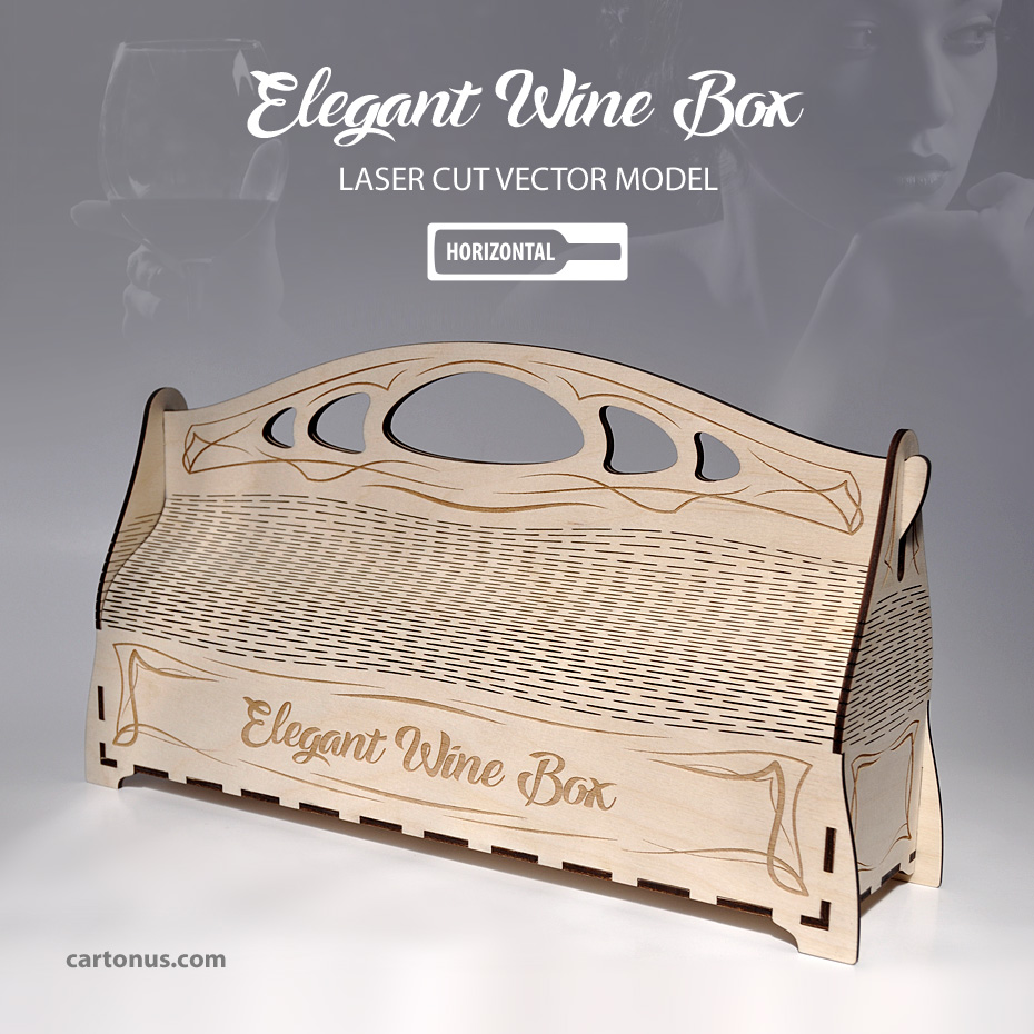 Elegant wine box with handle
Horizontal position of bottle.
Art nouveau style. 
Lasercut vector model / project plan with engraving.