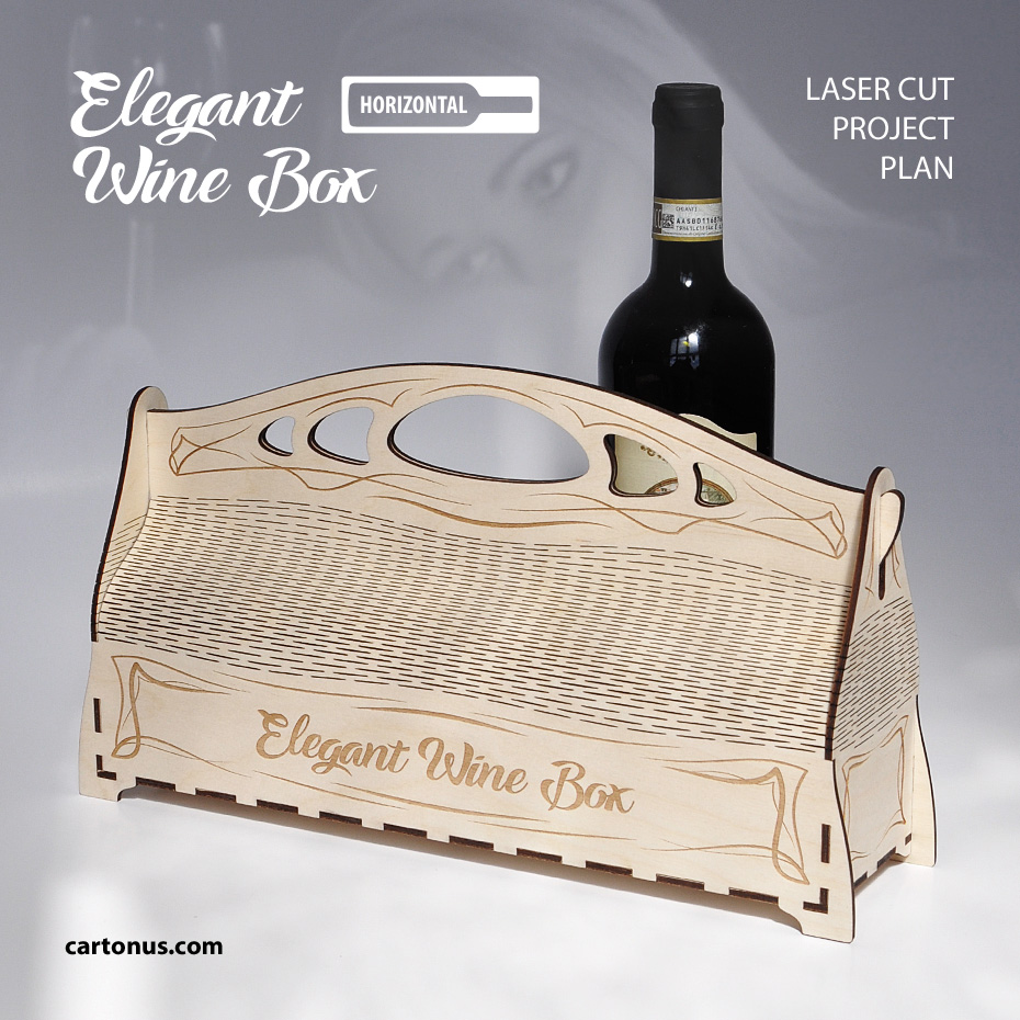 Elegant wine box with handle
Horizontal position of bottle.
Art nouveau style. 
Lasercut vector model / project plan with engraving.