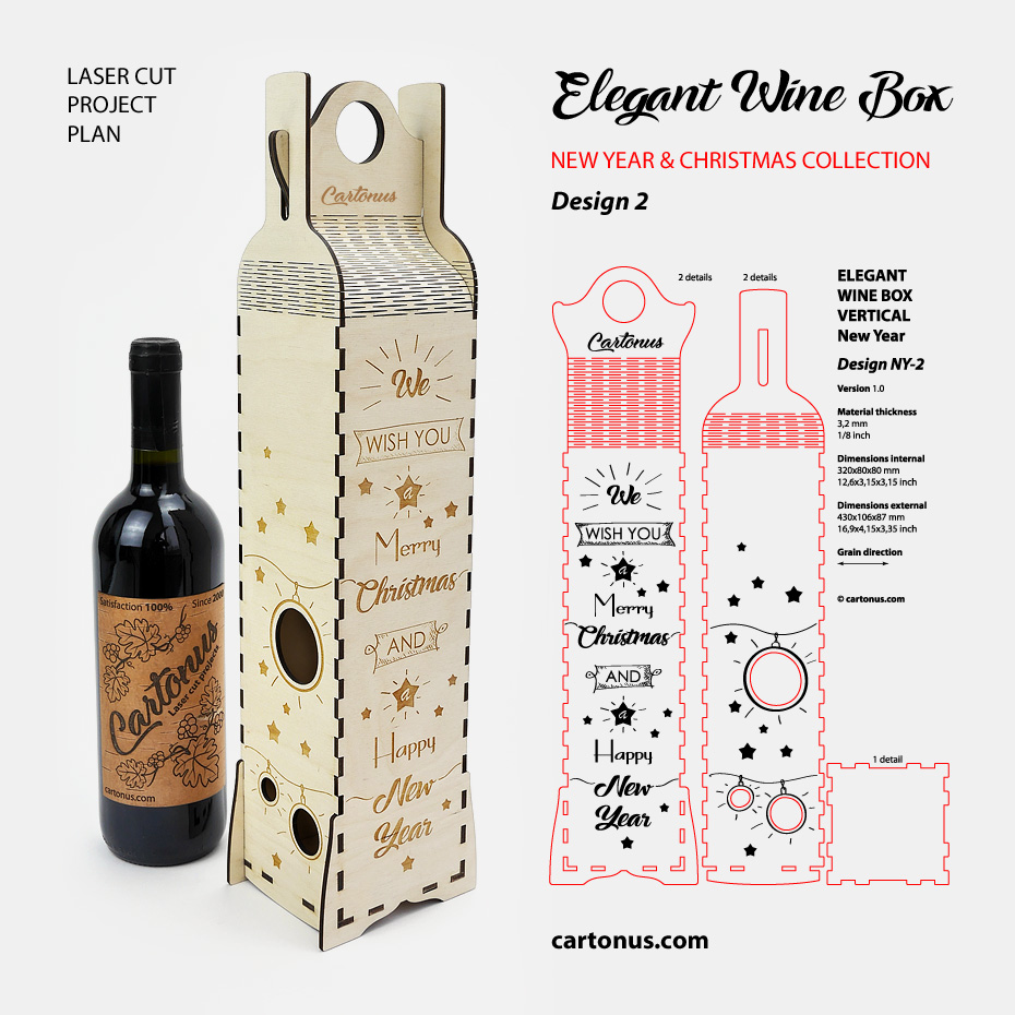 Elegant wine boxes - New Year & Christmas collection.Lasercut vector models / project plans with engraving ready for laser cutting. Set of 5 designs in one pack.