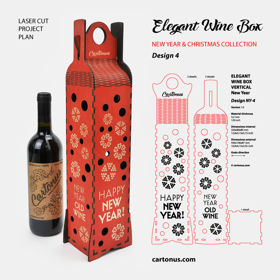 Elegant wine boxes - New Year & Christmas collection.Lasercut vector models / project plans with engraving ready for laser cutting. Set of 5 designs in one pack.