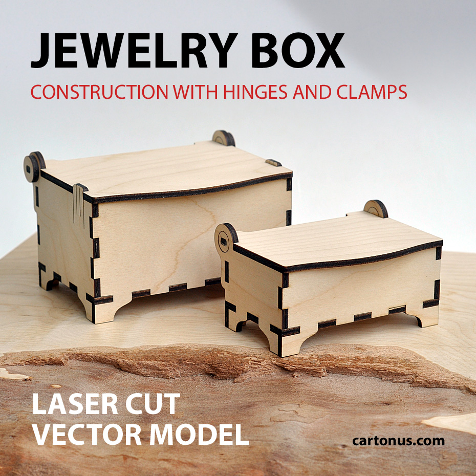 Wooden jewelry box with hinges and clamps. 
Vector plan/model for laser cutter, cnc, lasercut, laser machine.