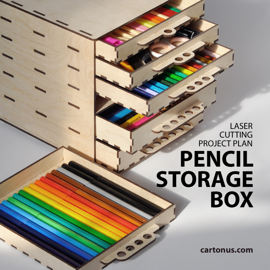 Storage box six drawer, Wooden pencil box, Toolbox, 6 Drawer wood pastel storage box. 
Lasercut vector model / project plan. 
Want a really classy way to organize your colored pencil collection? If you still want to be able to close your pencils into a container, but have an easy way to access them on your desk, this drawer storage box is perfect. Plus you can keep some of your related tools on top (maybe an eraser, pencil sharpener, other tools).