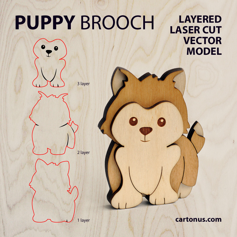 Puppy brooch.
Layered vector model ready for laser cut.
Digital product includes AI, EPS, SVG, PDF, CDR files.