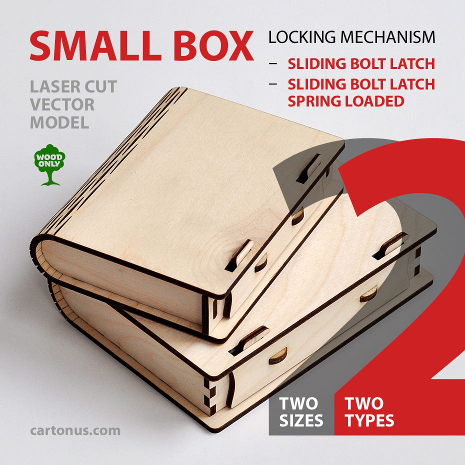 Lasercut vector model suitable for business card holder, playing cards box, cigarette case, jewelry box, gift box, box with locking mechanism – sliding bolt latch (Type S) and sliding bolt latch spring loaded (Type SL). 
Useful thing! 
Box consists only of wooden elements. 