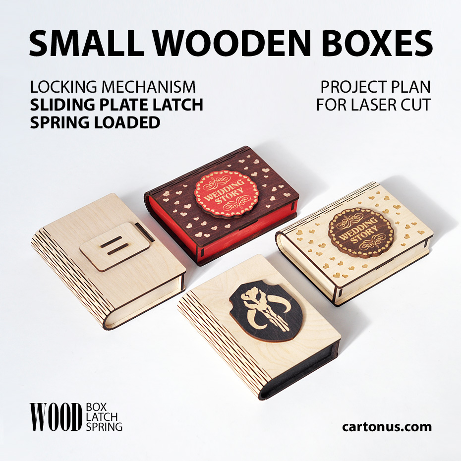 Box with sliding plate latch spring loaded. 
Lasercut vector model / project plan. 
For what: business card holder, cigarette case, jewelry box, pin box, gift box, USB-box, wedding story box