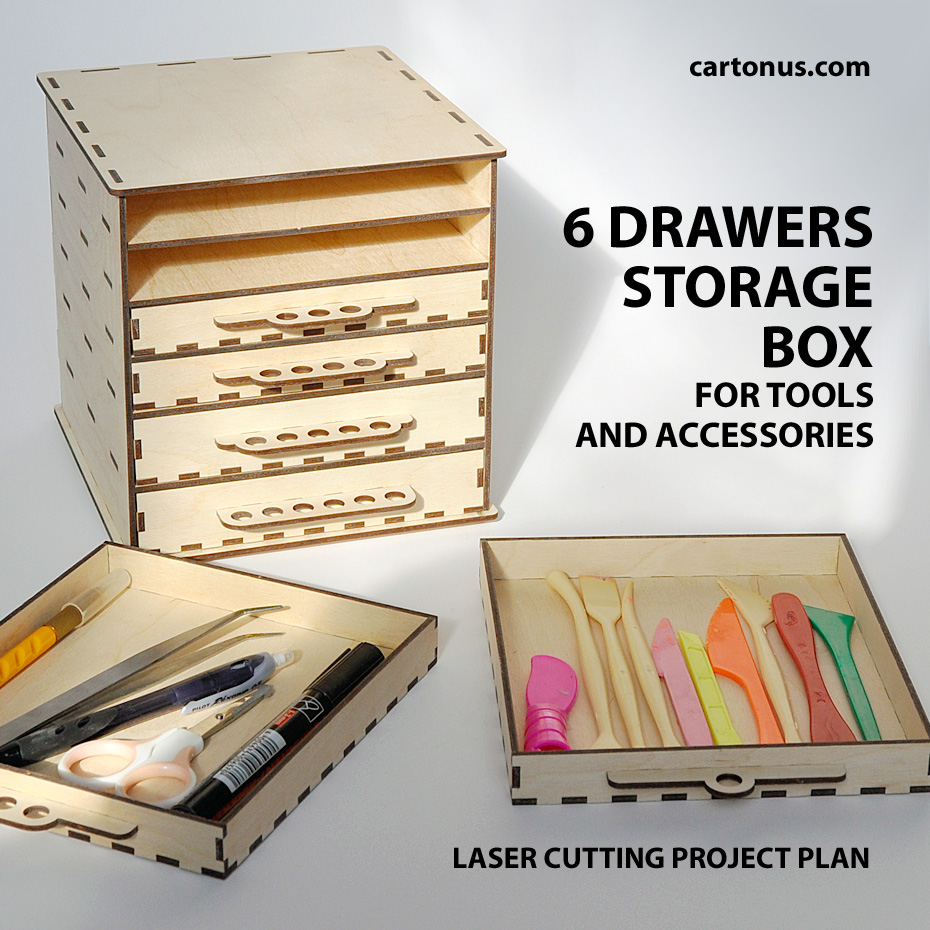Storage box six drawer, Wooden pencil box, Toolbox, 6 Drawer wood pastel storage box. 
Lasercut vector model / project plan. 
Want a really classy way to organize your colored pencil collection? If you still want to be able to close your pencils into a container, but have an easy way to access them on your desk, this drawer storage box is perfect. Plus you can keep some of your related tools on top (maybe an eraser, pencil sharpener, other tools).