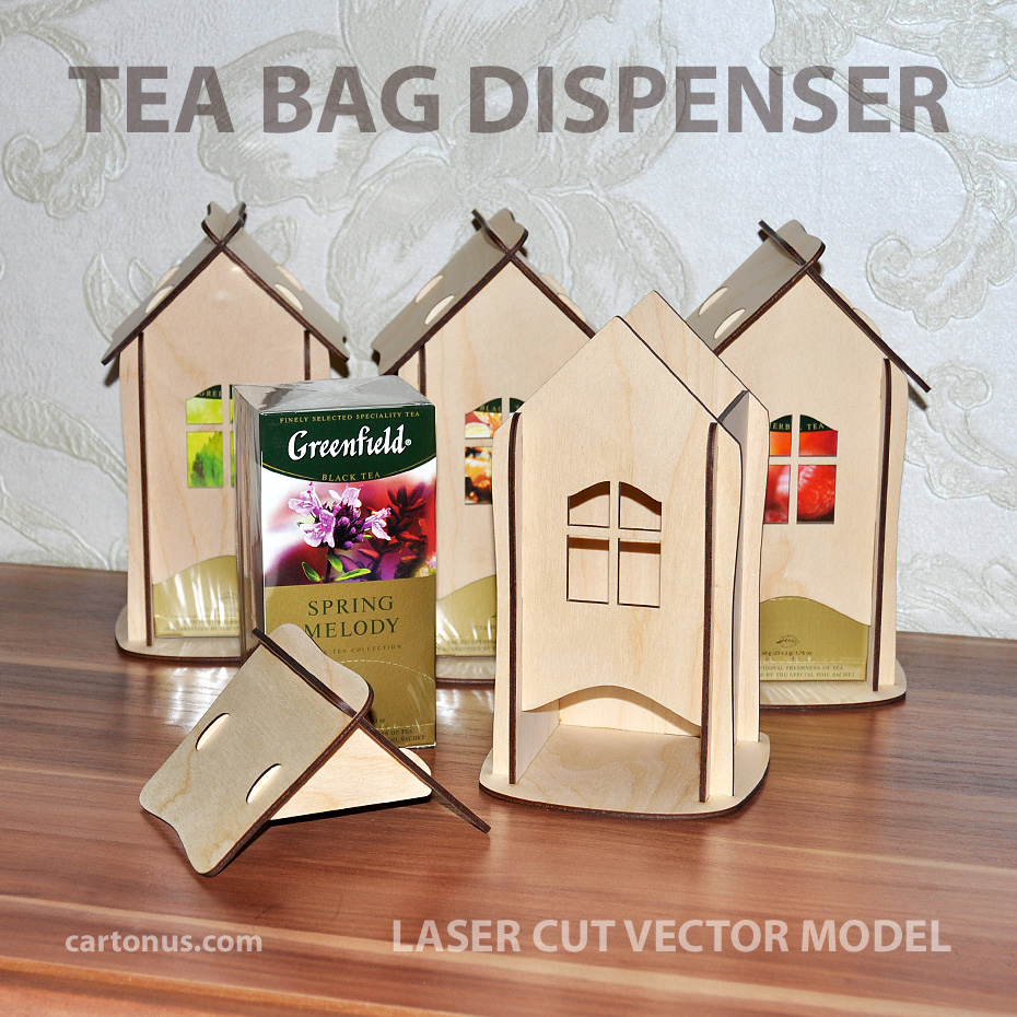 Tea bag dispenser of plywood. Project plan for laser cut