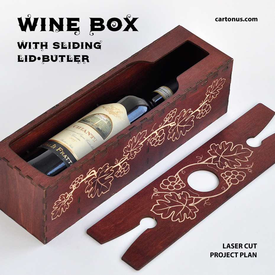 Wine box has a sliding cover. Lid can be used like a butler for two glasses. 
You can make different engraving both sides of lid-butler. 
Wine butler makes carrying and serving your favorite wine and glasses easy. 