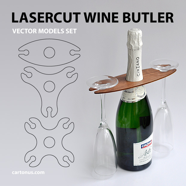 This functional, yet elegant Wine Butler makes carrying and serving your favorite wine and two/three/four glasses easy. Vector model in AI, EPS, PDF, CDR formats ready for laser cut. Set includes 3 models of Wine Butler – for 2, 3 and 4 persons.