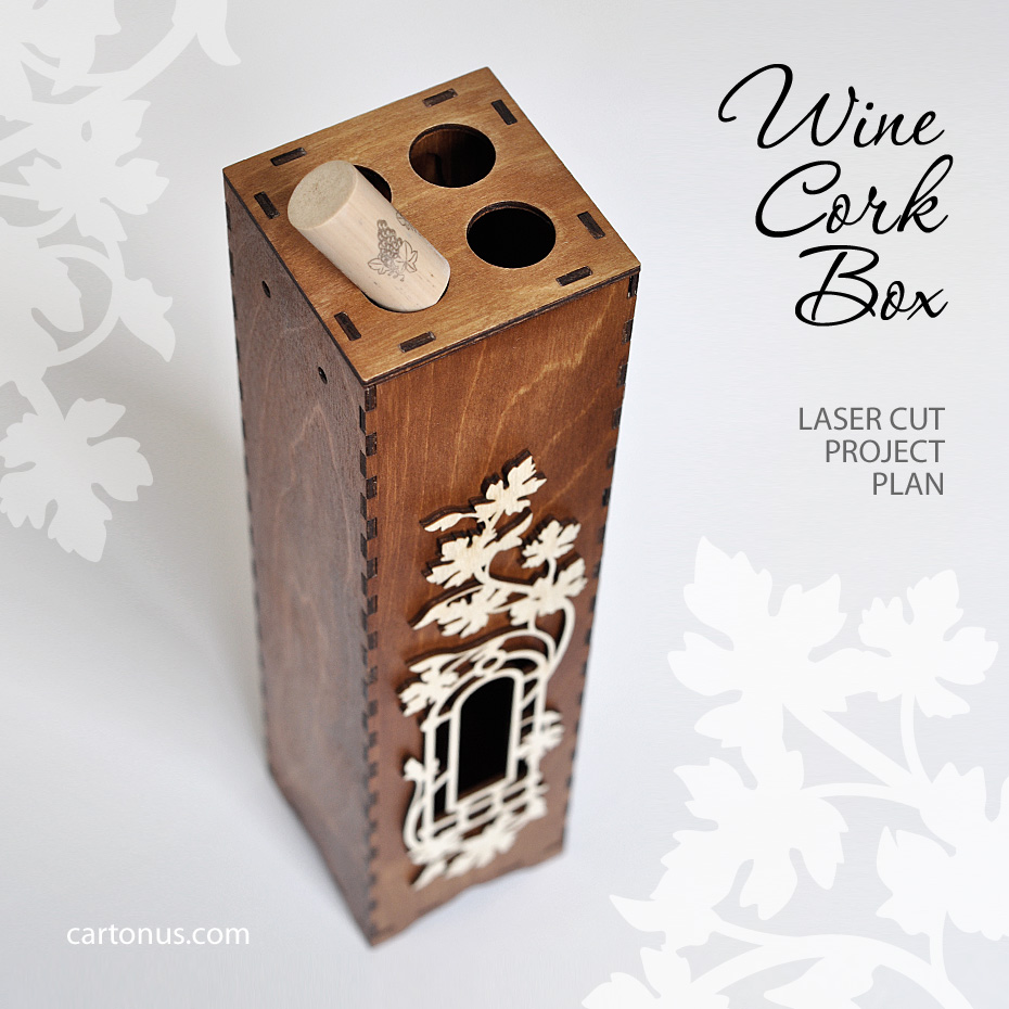 Wooden wine box with window and decorative frame. Lasercut vector model / project plan