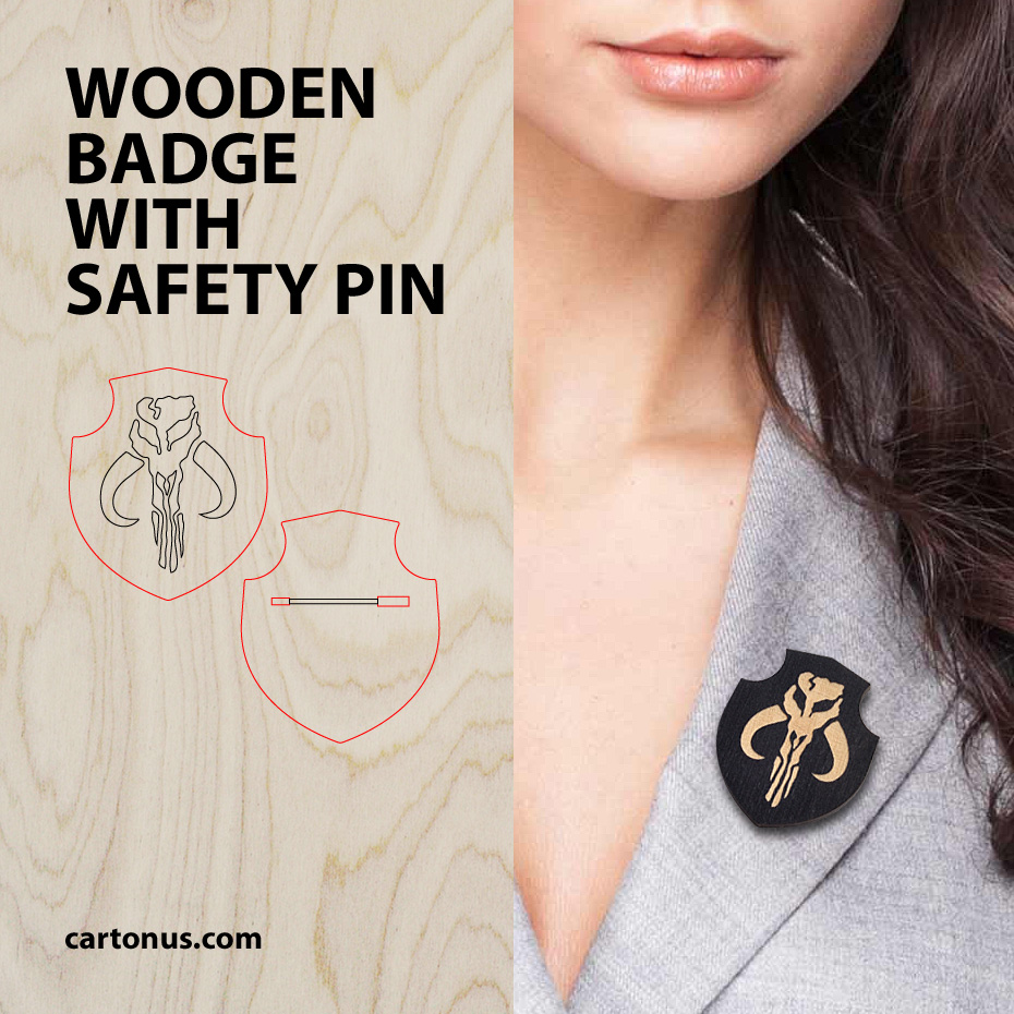 Instruction. How-to make wooden badge with safety pin on CO2 laser machine. Free download laser cut wood project SVG file