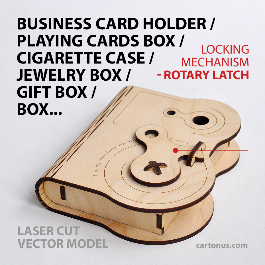 Lasercut vector model suitable for business card holder, playing cards box, cigarette case, jewelry box, gift box, box with locking mechanism – rotary latch.