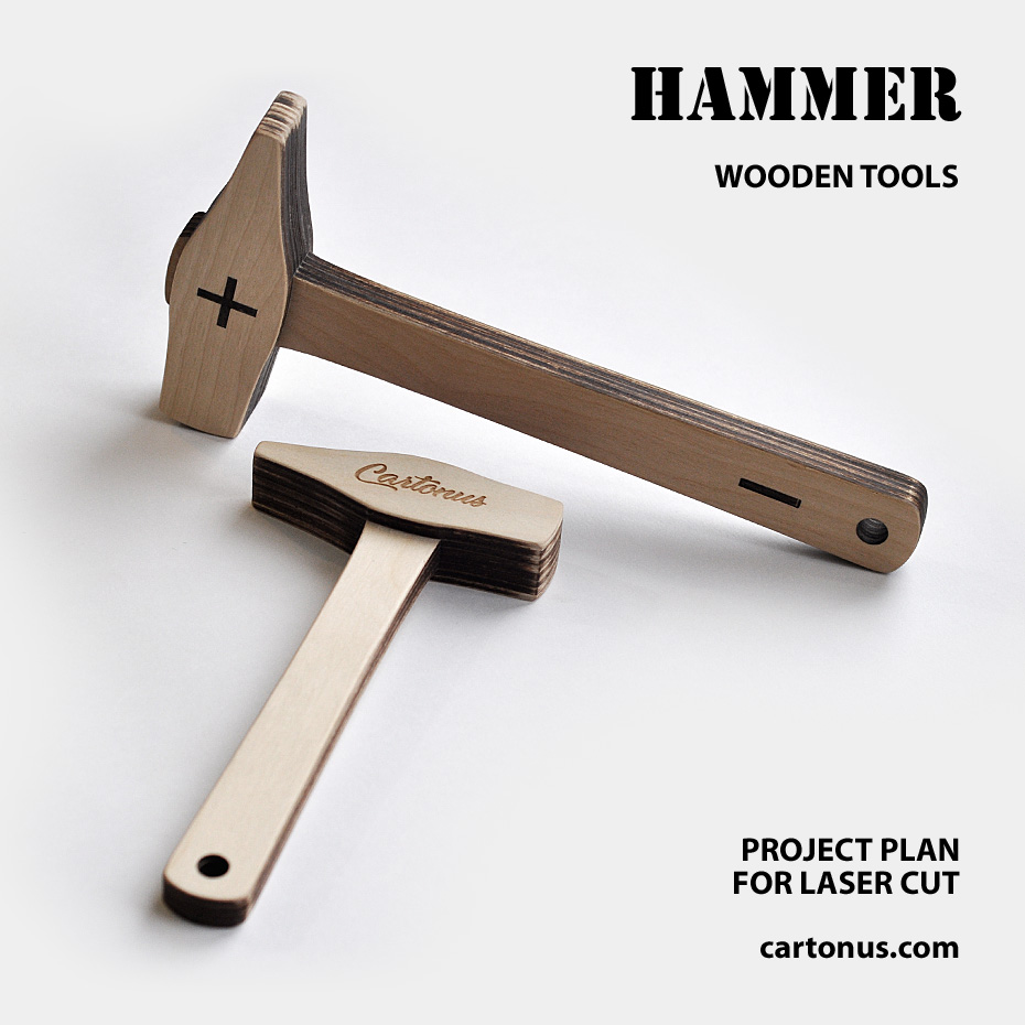 Hammer. Wooden tools. 
Lasercut vector model / project plan
Wooden hammer is convenient to assemble laser cutting products.
Project plan includes small and large hammers.