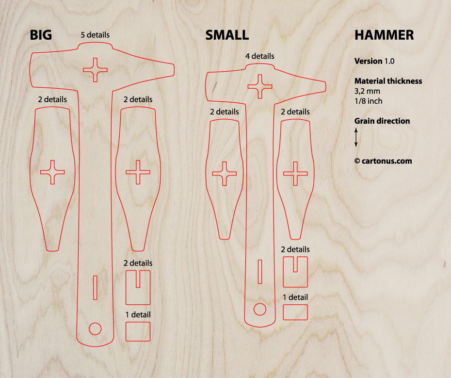 Hammer. Wooden tools. 
Lasercut vector model / project plan
Wooden hammer is convenient to assemble laser cutting products.
Project plan includes small and large hammers.
