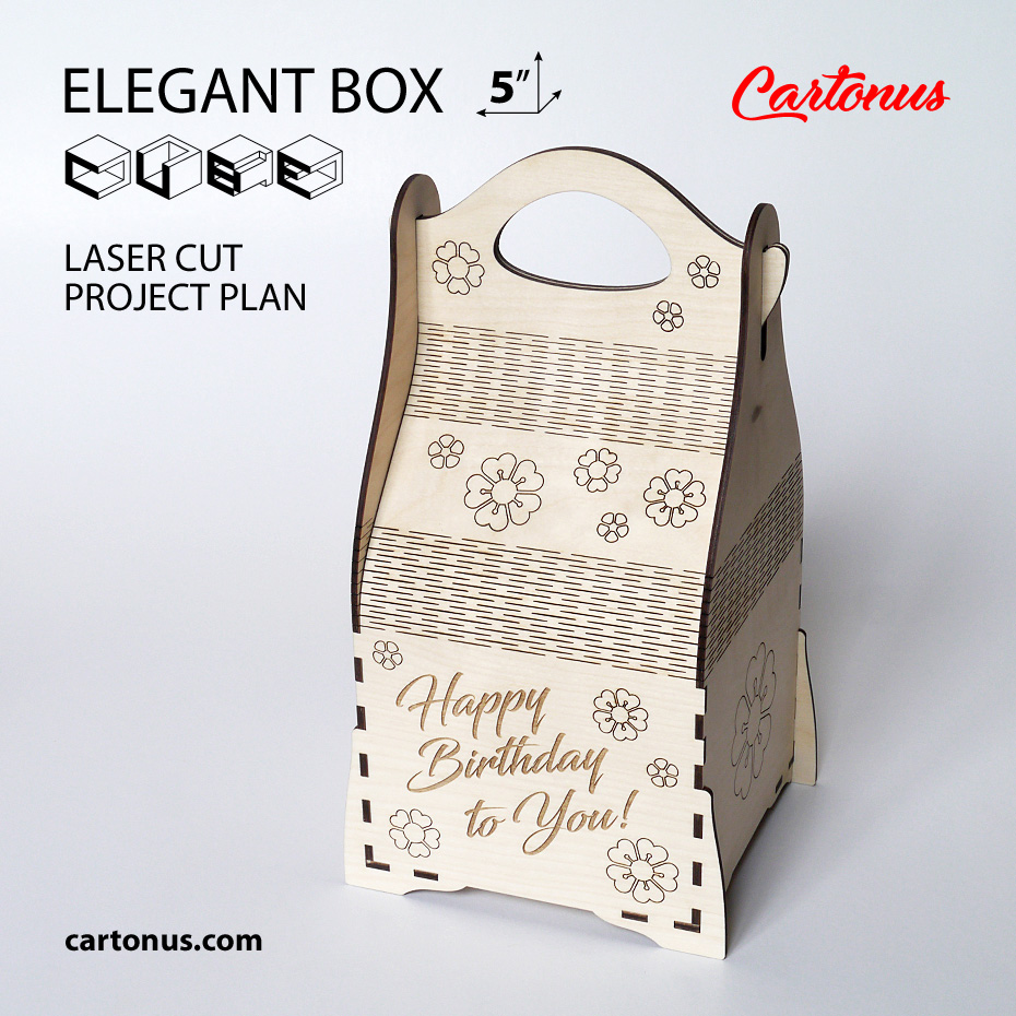 Elegant wooden box with handle for wrap your gifts. Art nouveau style.
Lasercut vector model / project plan for laser cutting and engraving.
