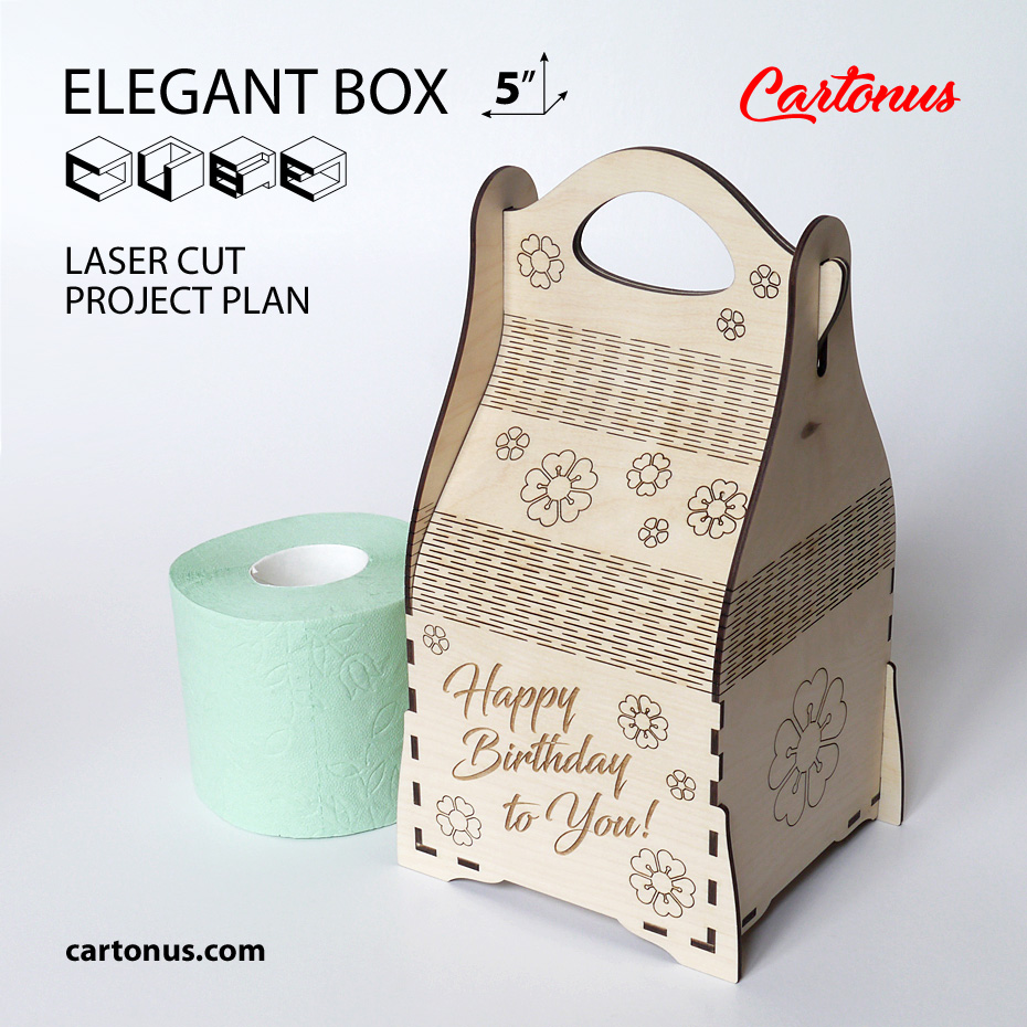 Elegant wooden box with handle for wrap your gifts. Art nouveau style.
Lasercut vector model / project plan for laser cutting and engraving.