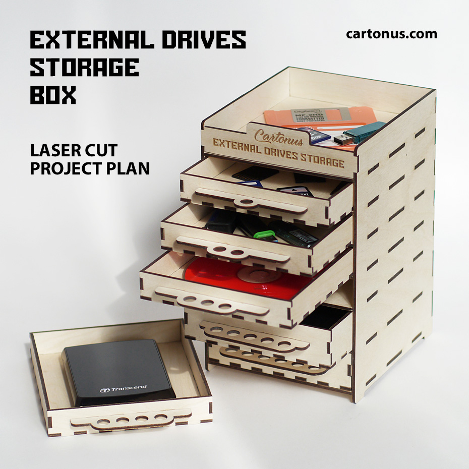 Lasercut vector model / project plan
Organize your memory: External drives, flash memory, sd cards, compact disks, floppy disks, cables… In one place.
Storage box contains 4 small drawers, 2 big drawers and top shelf.