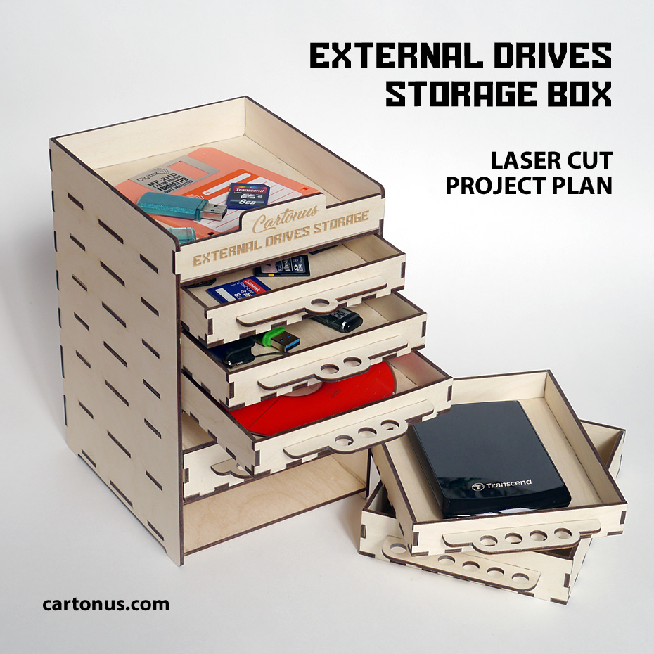 Lasercut vector model / project plan
Organize your memory: External drives, flash memory, sd cards, compact disks, floppy disks, cables… In one place.
Storage box contains 4 small drawers, 2 big drawers and top shelf.