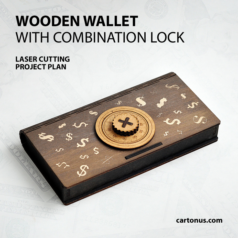 Wooden box like a wallet with a pseudo combination lock
Lasercut vector model / project plan