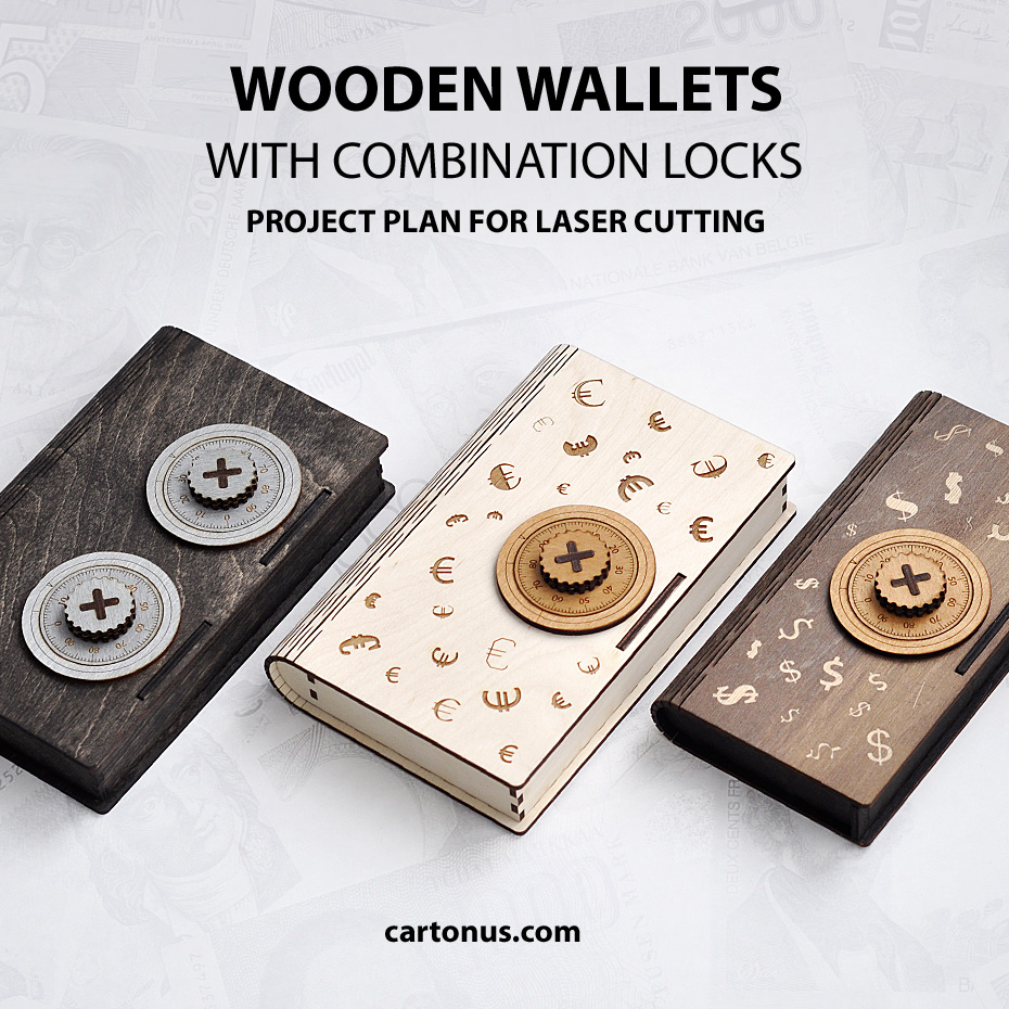 Wooden box like a wallet with a pseudo combination lock
Lasercut vector model / project plan