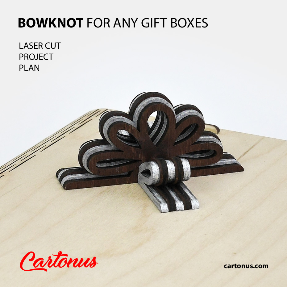 Gift boxes with layered wooden bowknot and ribbons
Lasercut vector model / project plan for laser cutting.