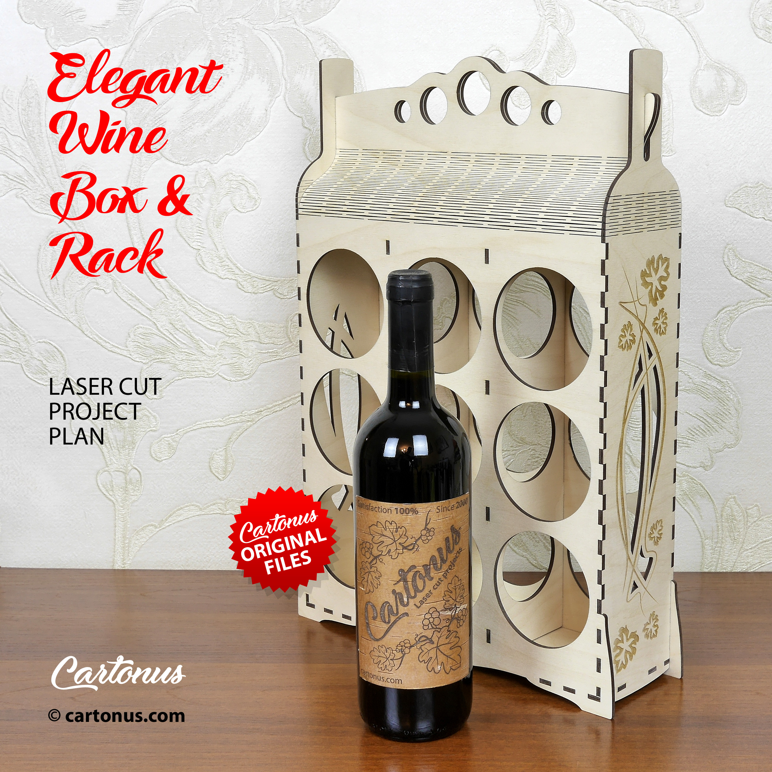 Elegant Wine Rack laser-cut design file by Cartonus, shown as an assembled wooden wine rack