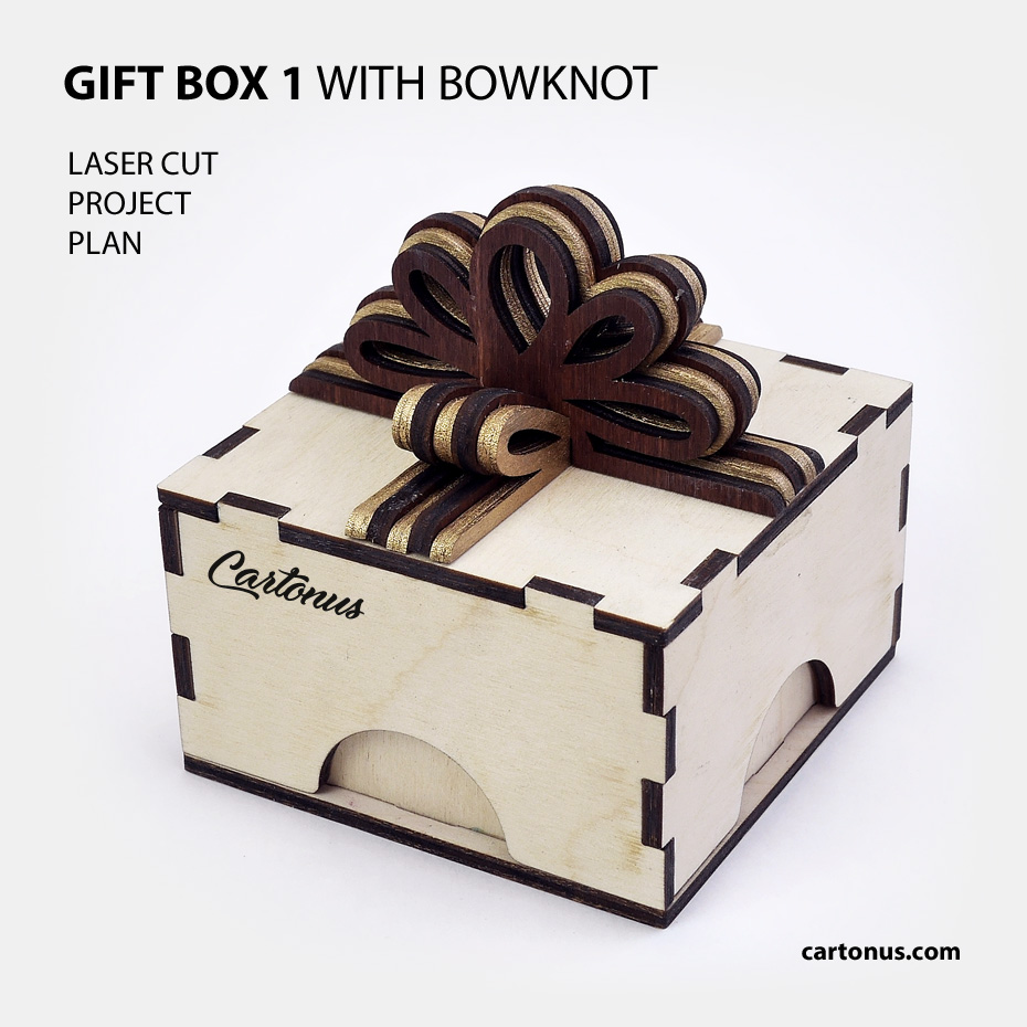 Gift boxes with layered wooden bowknot and ribbons
Lasercut vector model / project plan for laser cutting.