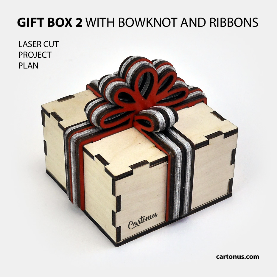 Gift boxes with layered wooden bowknot and ribbons
Lasercut vector model / project plan for laser cutting.