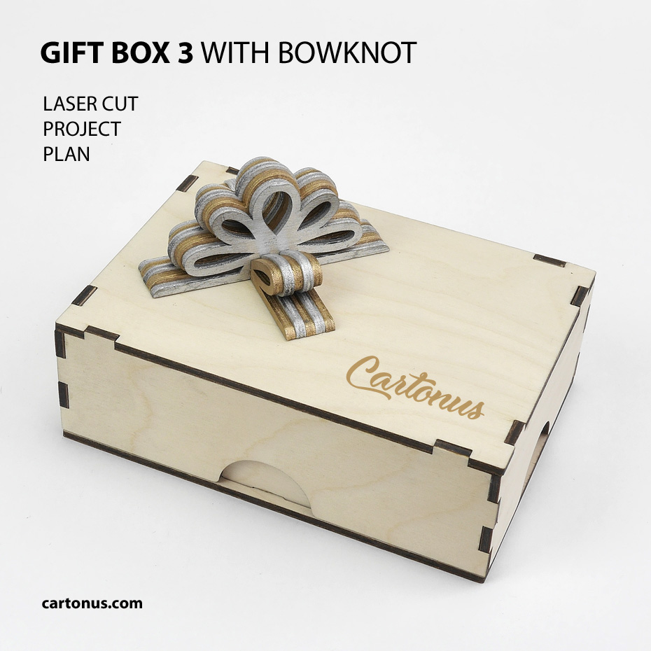 Gift boxes with layered wooden bowknot and ribbons
Lasercut vector model / project plan for laser cutting.