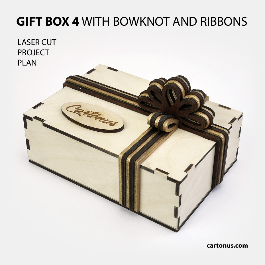 Gift boxes with layered wooden bowknot and ribbons
Lasercut vector model / project plan for laser cutting.