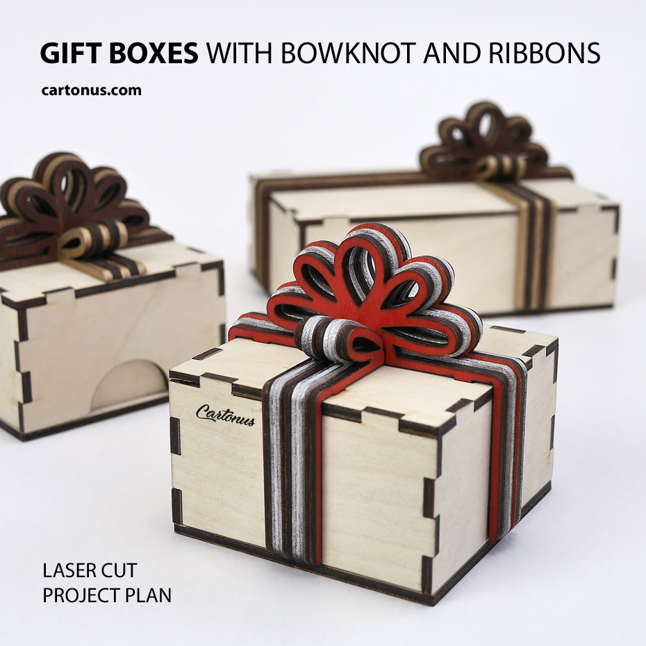 Gift boxes with layered wooden bowknot and ribbons
Lasercut vector model / project plan for laser cutting.