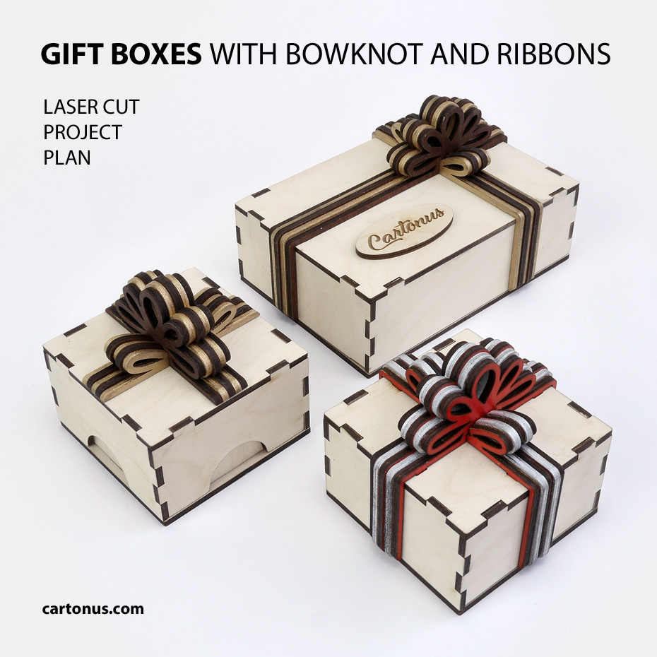 Gift boxes with layered wooden bowknot and ribbons
Lasercut vector model / project plan for laser cutting.