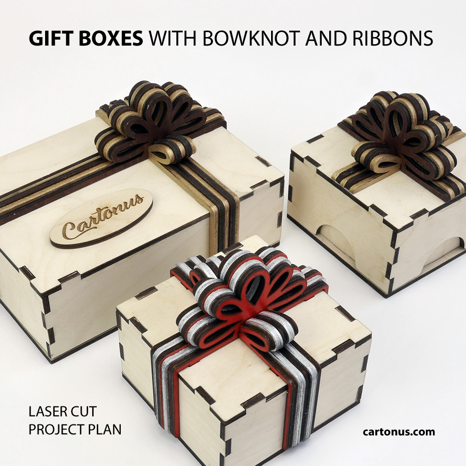 Gift boxes with layered wooden bowknot and ribbons
Lasercut vector model / project plan for laser cutting.