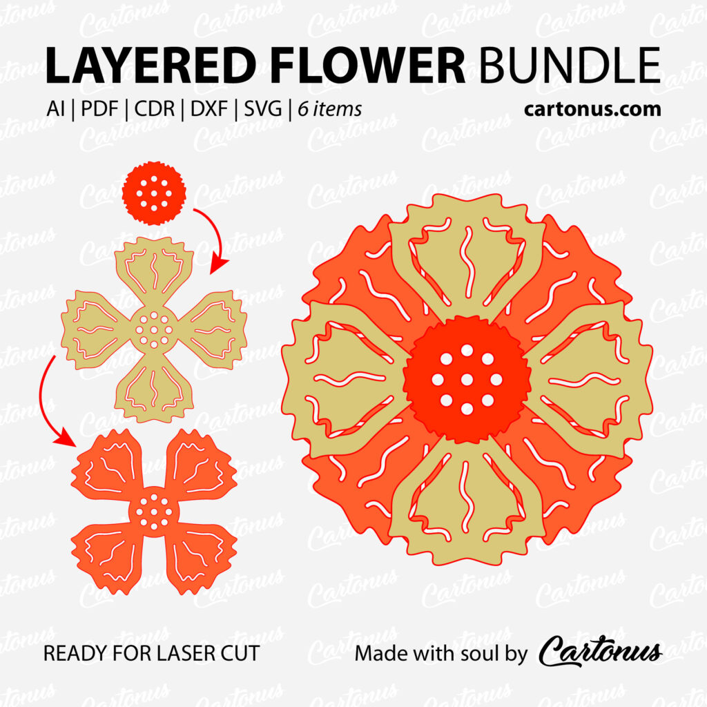 1. Set of layered flowers for brooches.
Project plan for laser cut.
Scalable vector graphics for laser cut.
Material: leather, leatherette, foamiran, carton, cardboard…