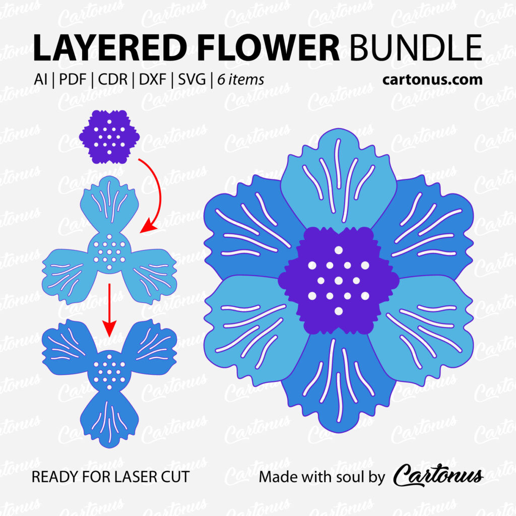 3. Set of layered flowers for brooches.
Project plan for laser cut.
Scalable vector graphics for laser cut.
Material: leather, leatherette, foamiran, carton, cardboard…