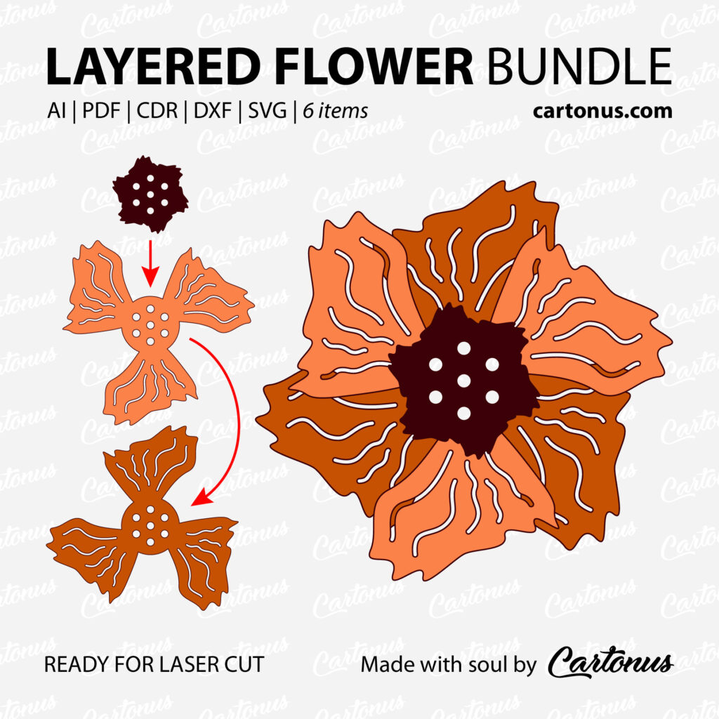 4. Set of layered flowers for brooches.
Project plan for laser cut.
Scalable vector graphics for laser cut.
Material: leather, leatherette, foamiran, carton, cardboard…