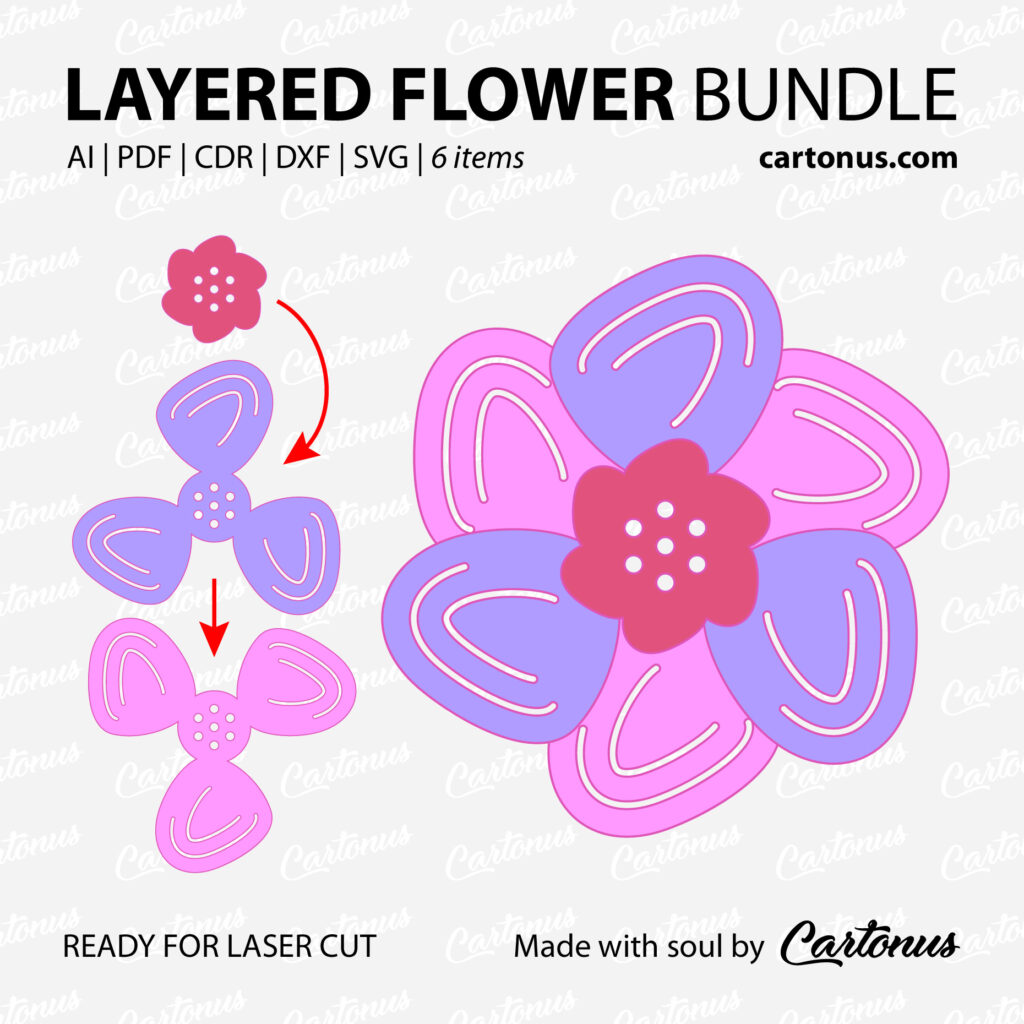 5. Set of layered flowers for brooches.
Project plan for laser cut.
Scalable vector graphics for laser cut.
Material: leather, leatherette, foamiran, carton, cardboard…