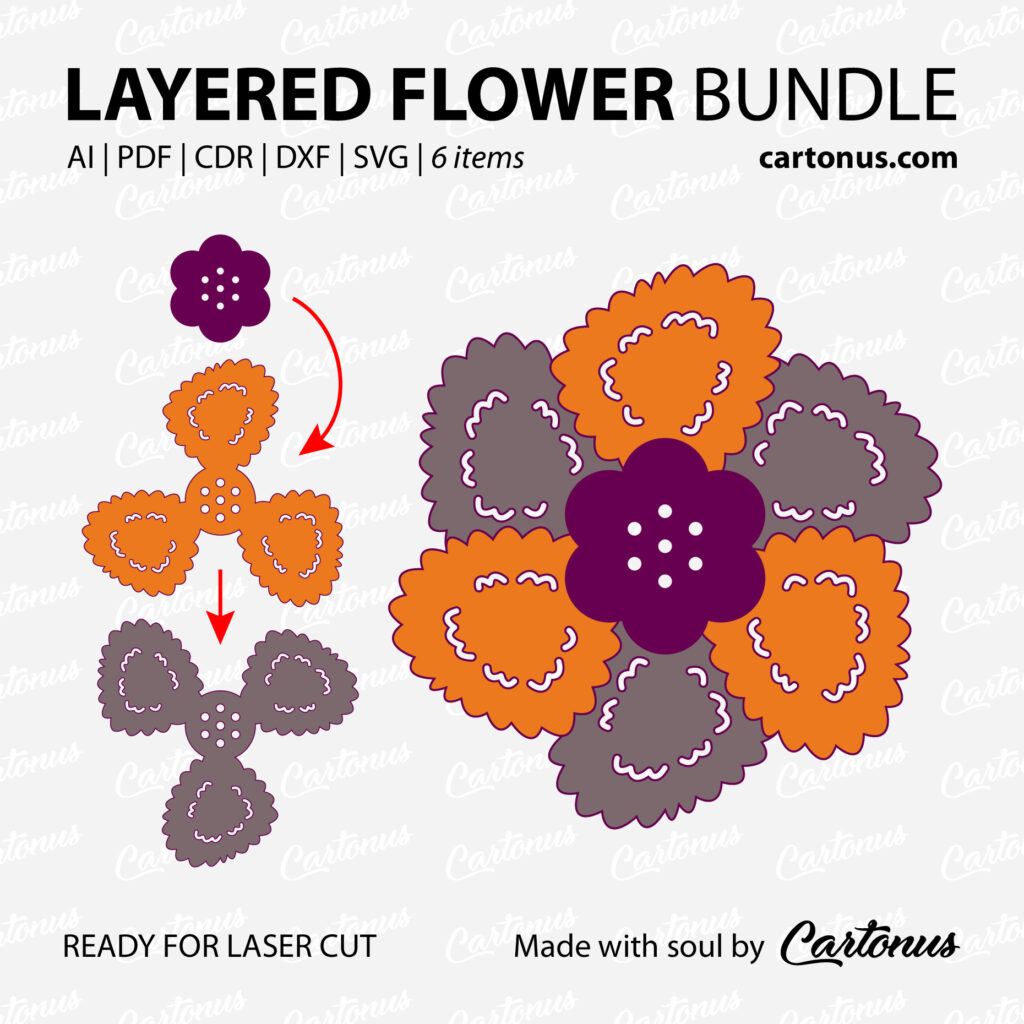 6. Set of layered flowers for brooches.
Project plan for laser cut.
Scalable vector graphics for laser cut.
Material: leather, leatherette, foamiran, carton, cardboard…